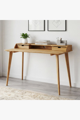 Tömör tölgyfa számítógépasztal két fiókkal, natural színű